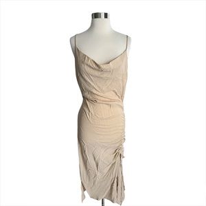 La Troupe Tulum Beige Tan Cotton Gauze Ruched Cowl Neck Midi Dress 2